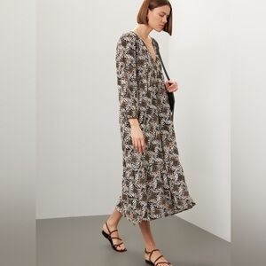 Xirena Ella Abstract Floral Black Brown Cotton Empire Midi Dress Size SMALL